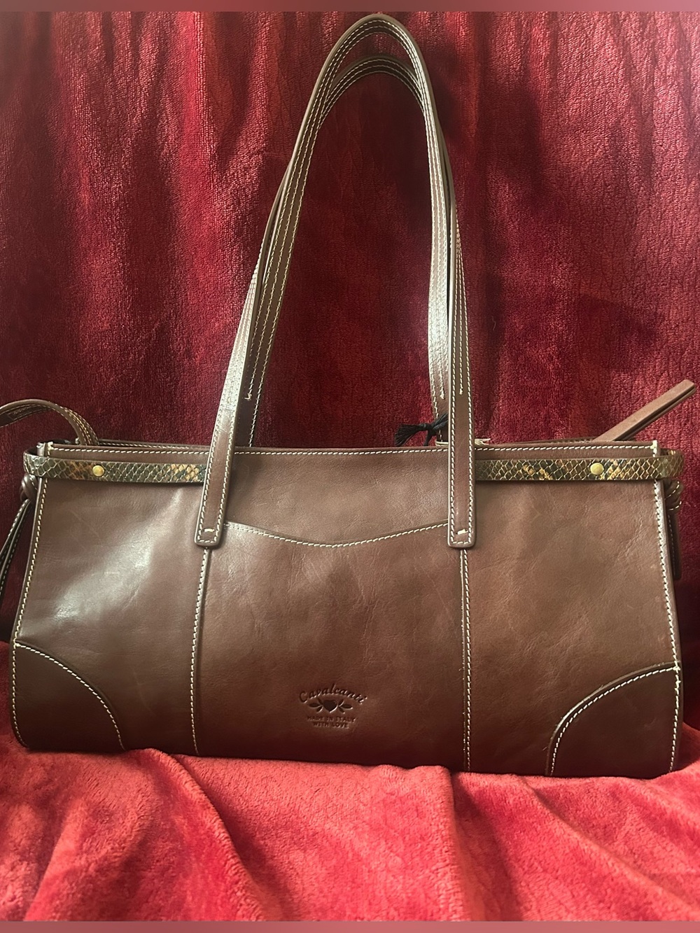 Italian Cavalcanti Brown Leather Satchel East West Design Snakeskin Accent Belt